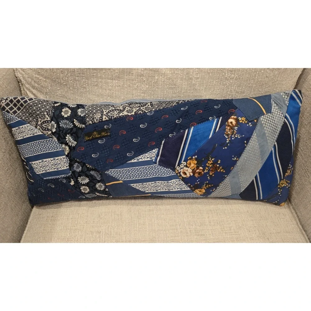 Handmade Upcycled Necktie Patchwork Lumbar Pillow – Reis of New Haven – Blue Mix